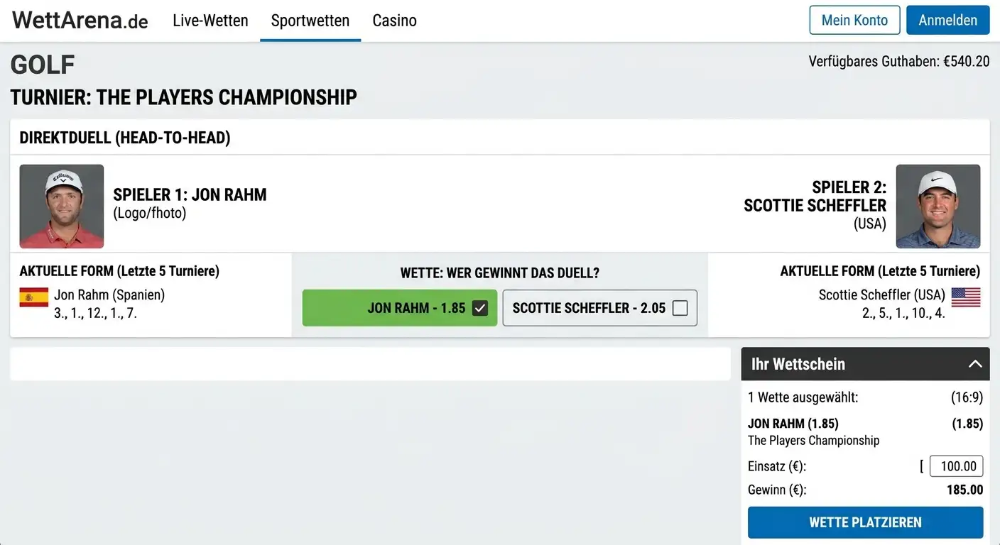 Head-to-Head Golf Wetten Einstieg für Anfänger: binäre Entscheidung mit Quoten zwischen 1,70 und 2,20
