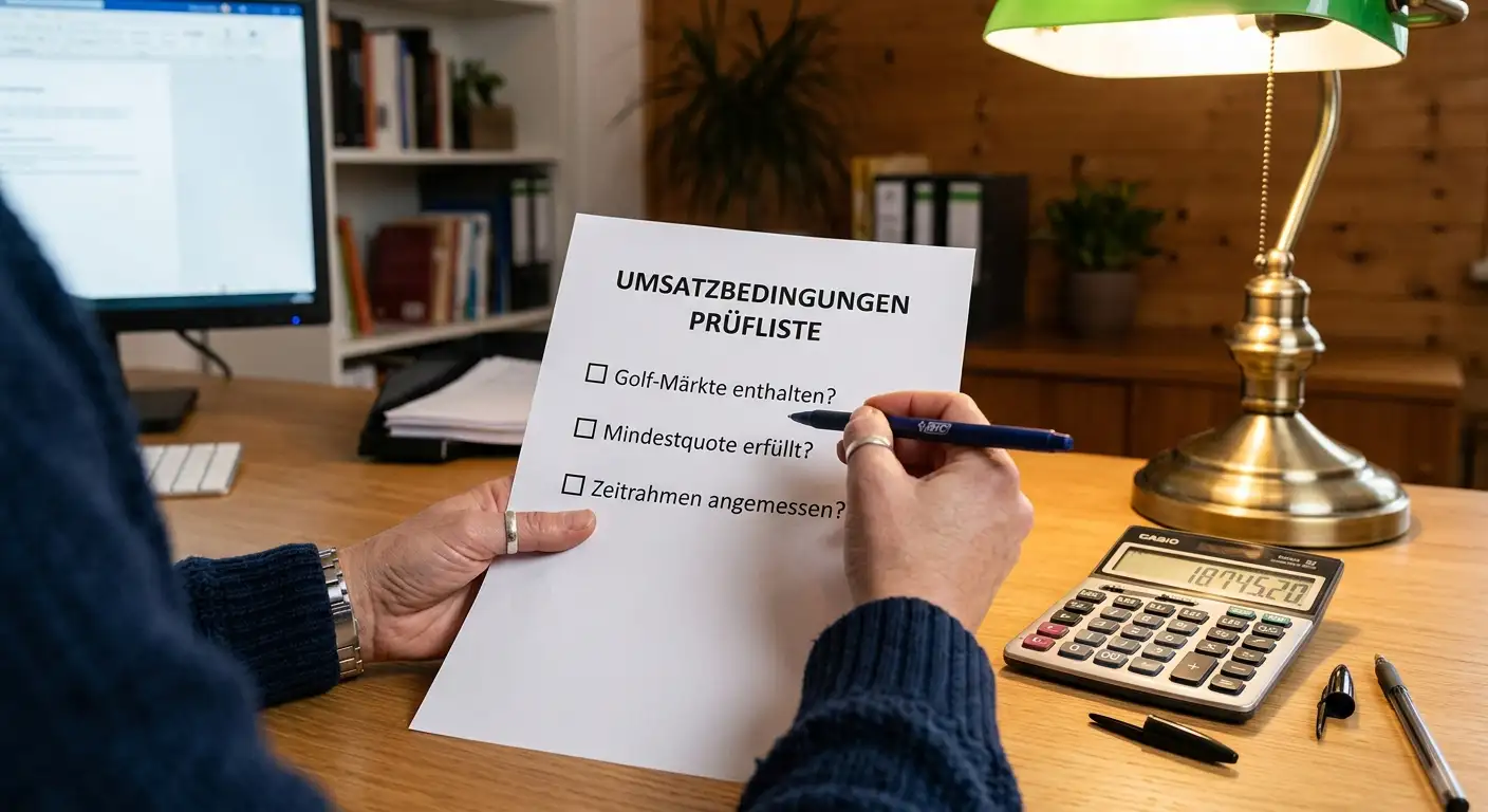 Umsatzbedingungen Bonuswetten Golf Mindestquote Märkte Ausschlüsse prüfen