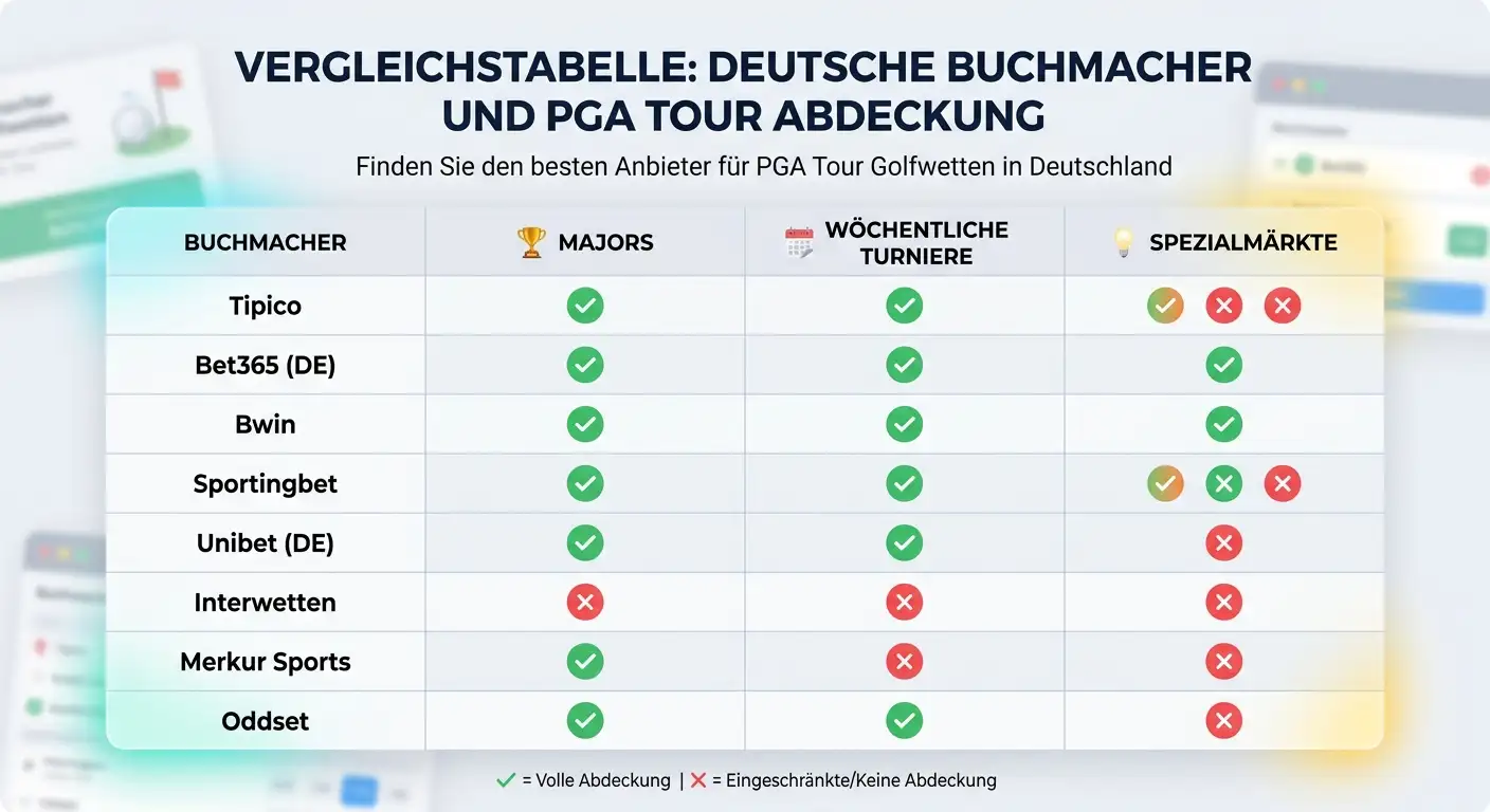 PGA Tour Wetten Anbieter Abdeckung Deutschland: bet365 führt bei wöchentlichen Events, Tipico nur Majors