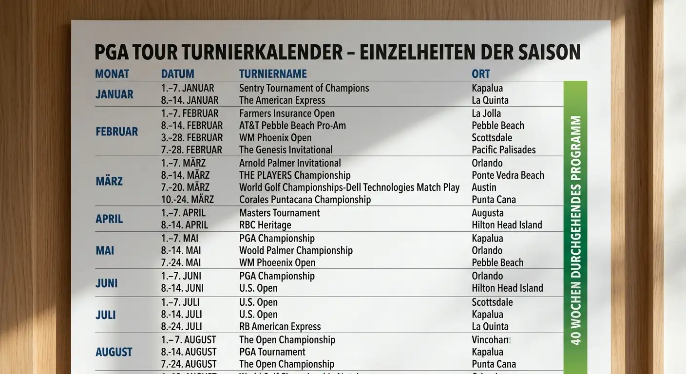 PGA Tour wöchentliche Events: 40 Wochen Wettmöglichkeiten mit großen Feldern und hohen Außenseiterquoten