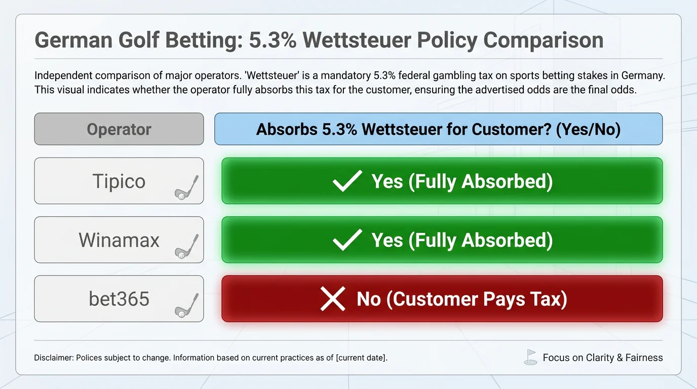 Anbieter beim Golf Wetten die die Wettsteuer für Kunden übernehmen — Tipico, Winamax, bet365